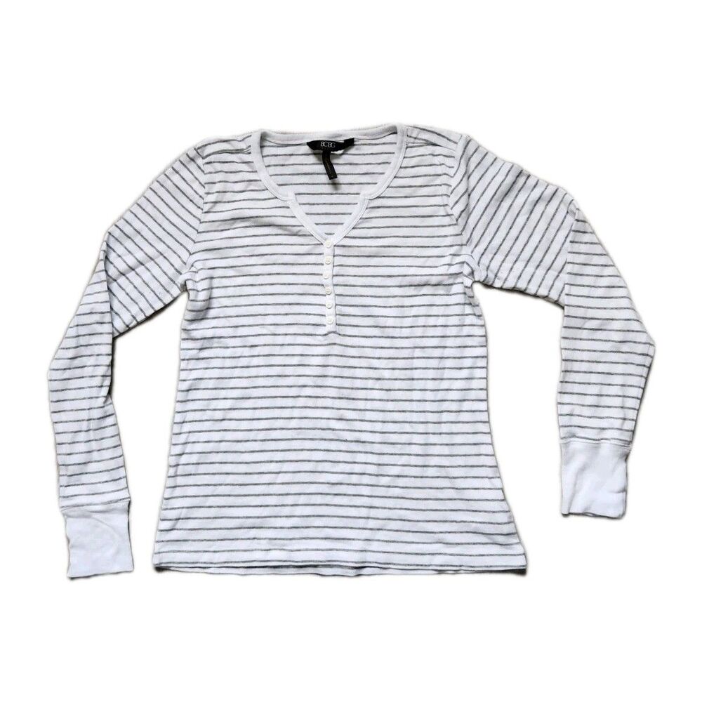 BCBG Paris Henley Shirt Womens M White Gray Stripe Long Sleeve Cotton Modal EUC